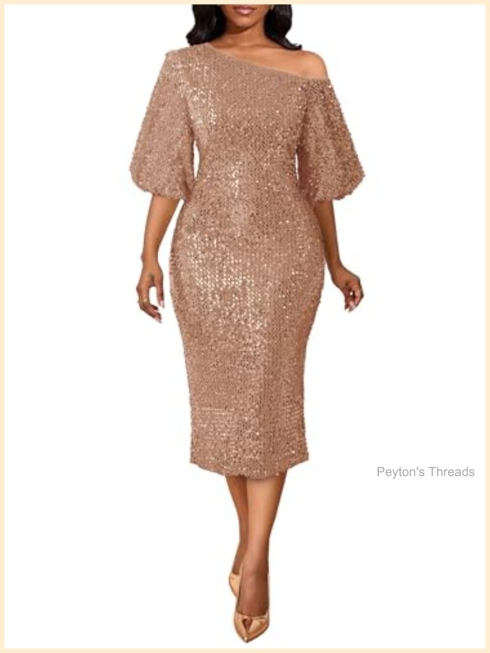 Oblique One Shoulder Sequin Puff Sleeve Midi Dress Party Cocktail